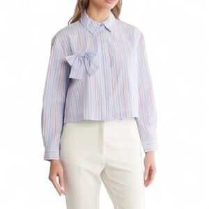 Nanette Lepore Striped Button Down Crop Shirt Women’s Xl Bow Poplin Long‎ Sleeve